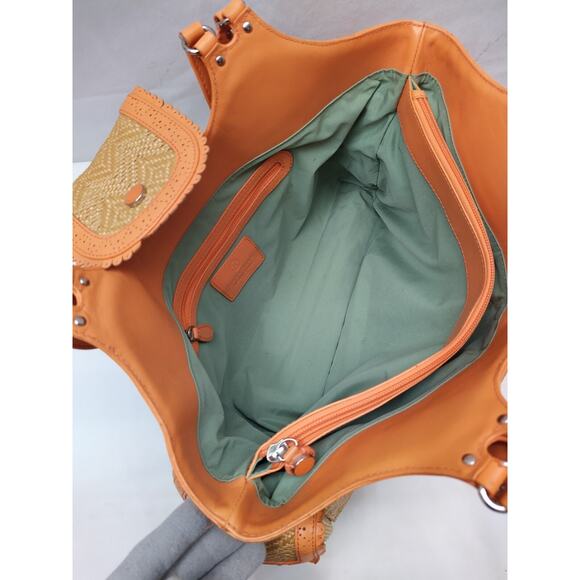 Cole Haan Tan Straw Orange Leather Trim Pocket Double Handle Satchel Bag - Picture 14 of 16